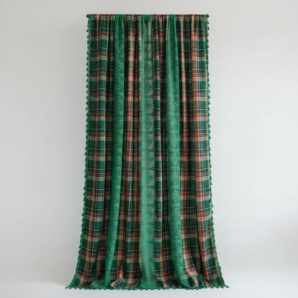Forest Green tartan plaid curtain panel with green crochet-lace trim and tassels