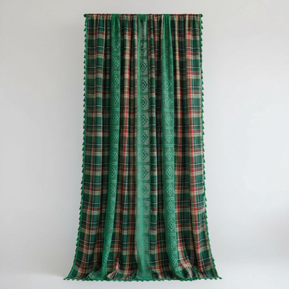 Forest Green tartan plaid curtain panel with green crochet-lace trim and tassels