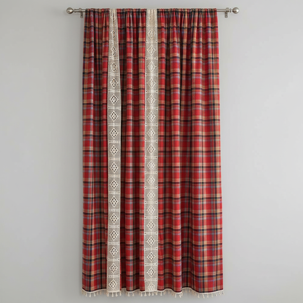 Deep Red tartan plaid curtain panel with ivory crochet-lace trim and tassels