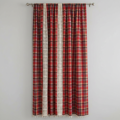 Deep Red tartan plaid curtain panel with ivory crochet-lace trim and tassels