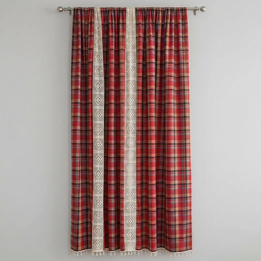 Deep Red tartan plaid curtain panel with ivory crochet-lace trim and tassels