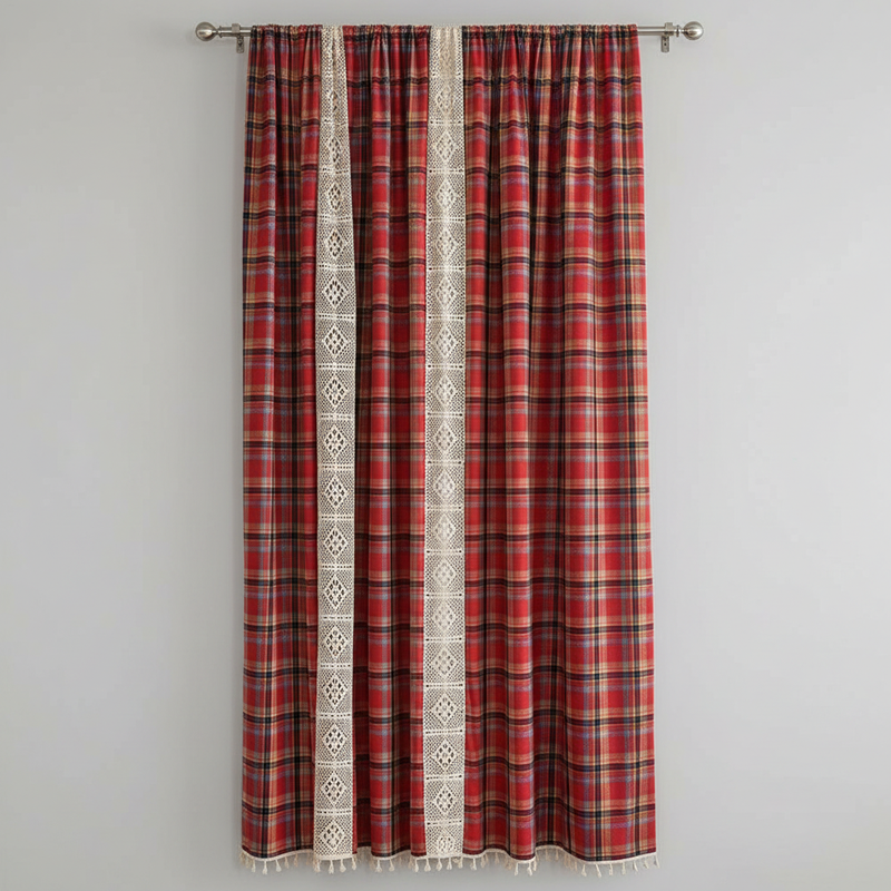 Deep Red tartan plaid curtain panel with ivory crochet-lace trim and tassels