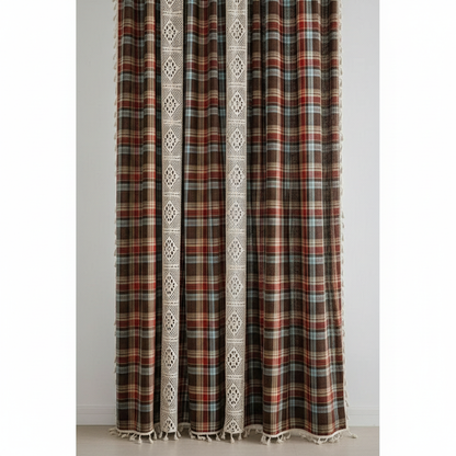 Chocolate Brown tartan plaid curtain panel with ivory crochet-lace trim and tassels