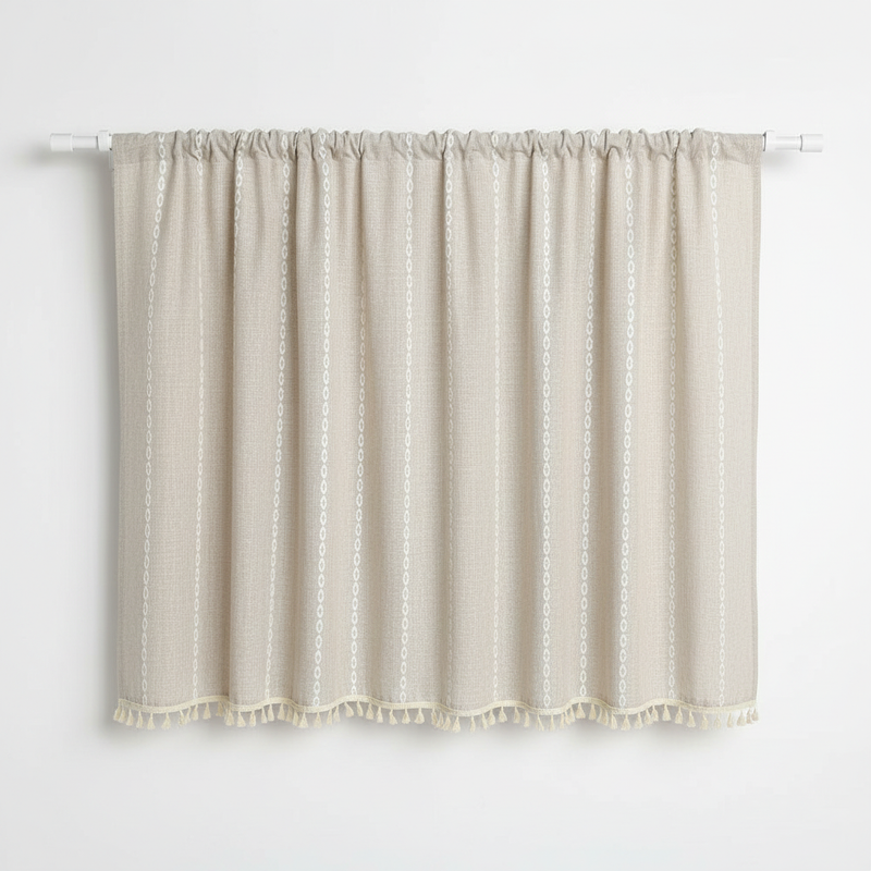Boho Cotton Linen Kitchen Curtains | Jacquard Stripe, Valance