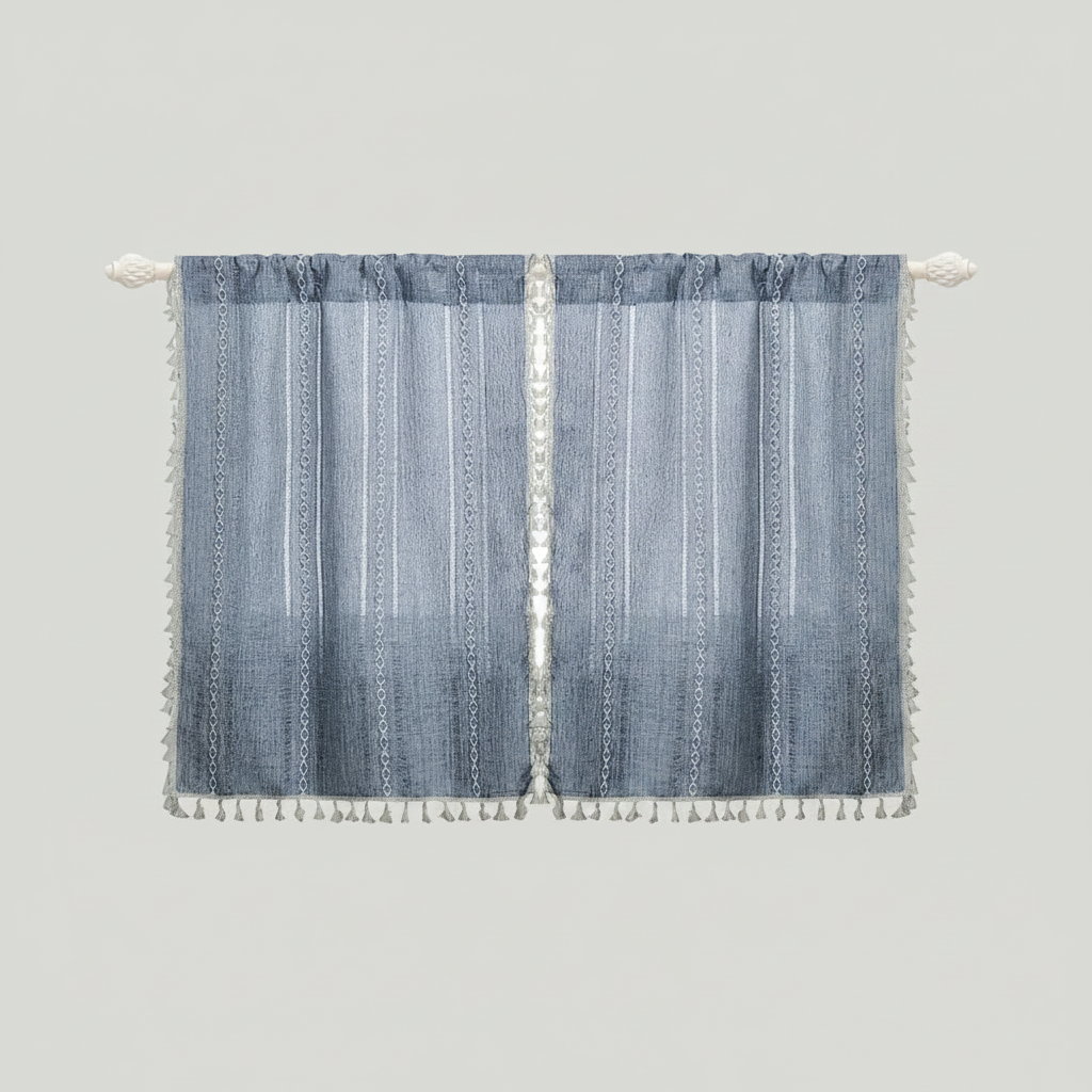 Boho cotton-linen kitchen curtain jacquard stripe - Blue