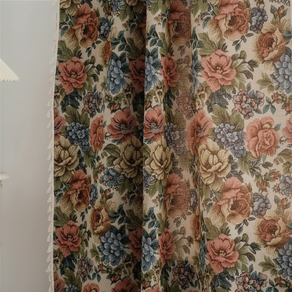 Heritage Rose Bloom Tassel Curtain - floral jacquard luxe drape