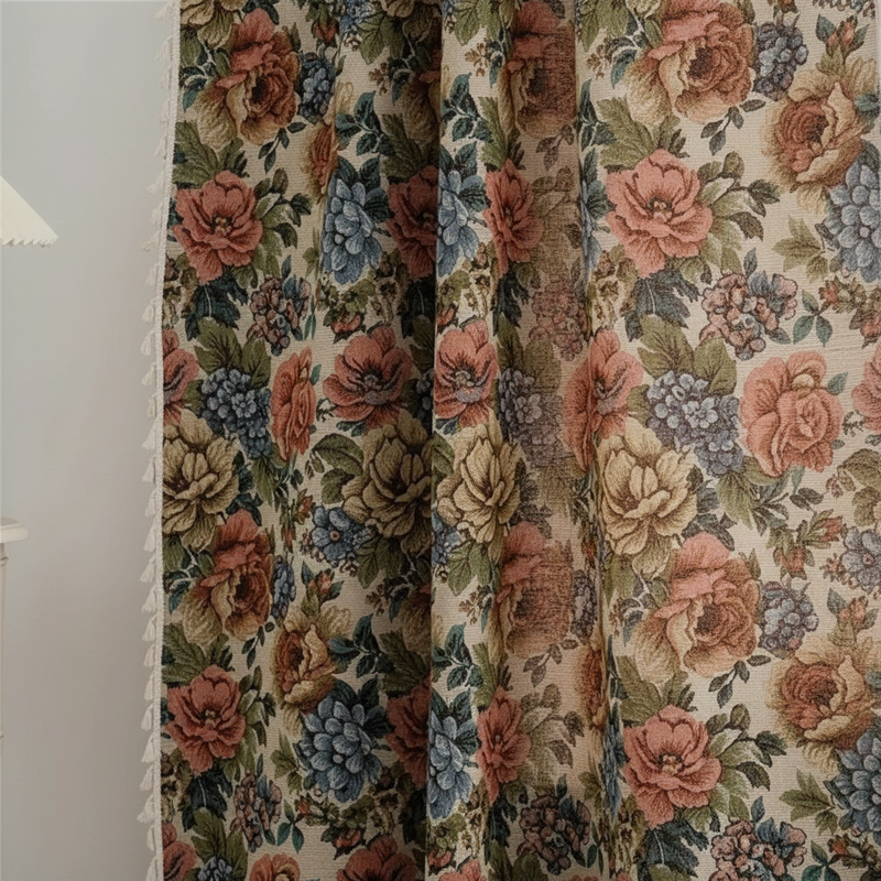 Heritage Rose Bloom Tassel Curtain | Floral Jacquard, Luxe Drape