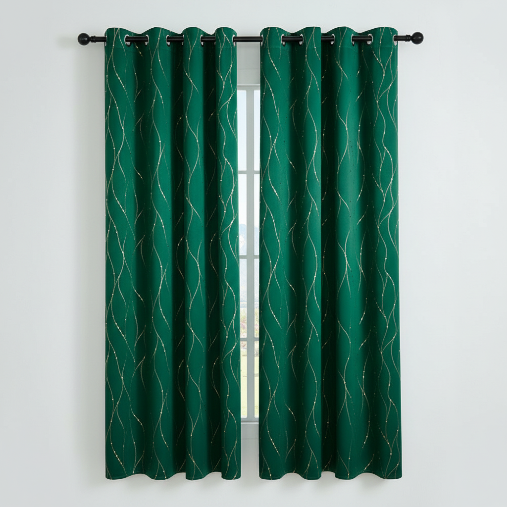 Gleam Chic Blackout Curtain in Emerald Swirl with gleaming wave-sheen pattern and grommet top