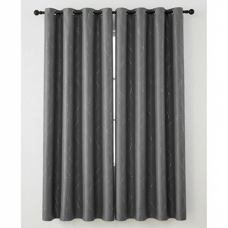 Gleam Chic Blackout Curtain in Steel Wave with gleaming wave-sheen pattern and grommet top