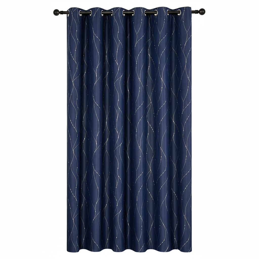 Gleam Chic Blackout Curtain in Midnight Drift with gleaming wave-sheen pattern and grommet top