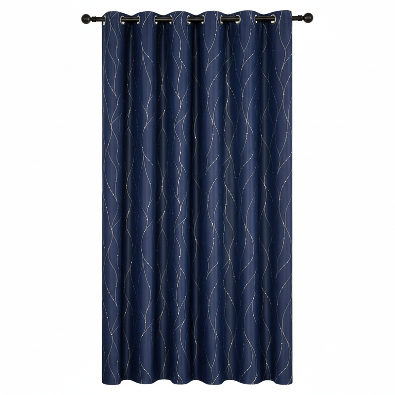 Gleam Chic Blackout Curtain in Midnight Drift with gleaming wave-sheen pattern and grommet top