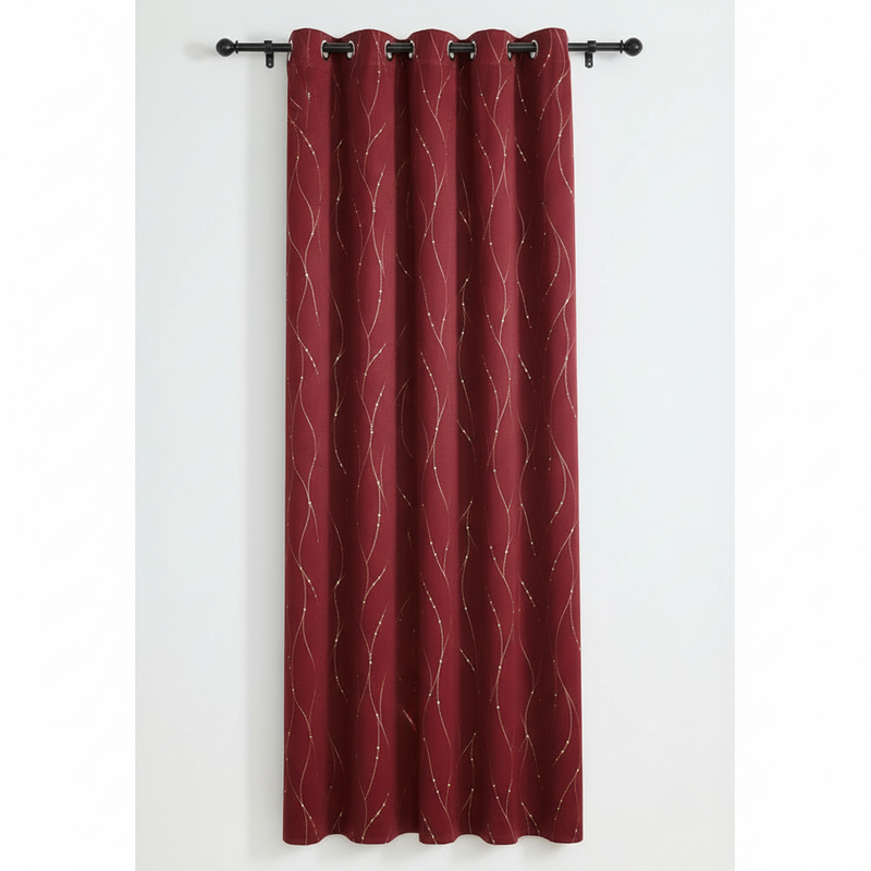 Gleam Chic Blackout Curtain in Ruby Stream with gleaming wave-sheen pattern and grommet top