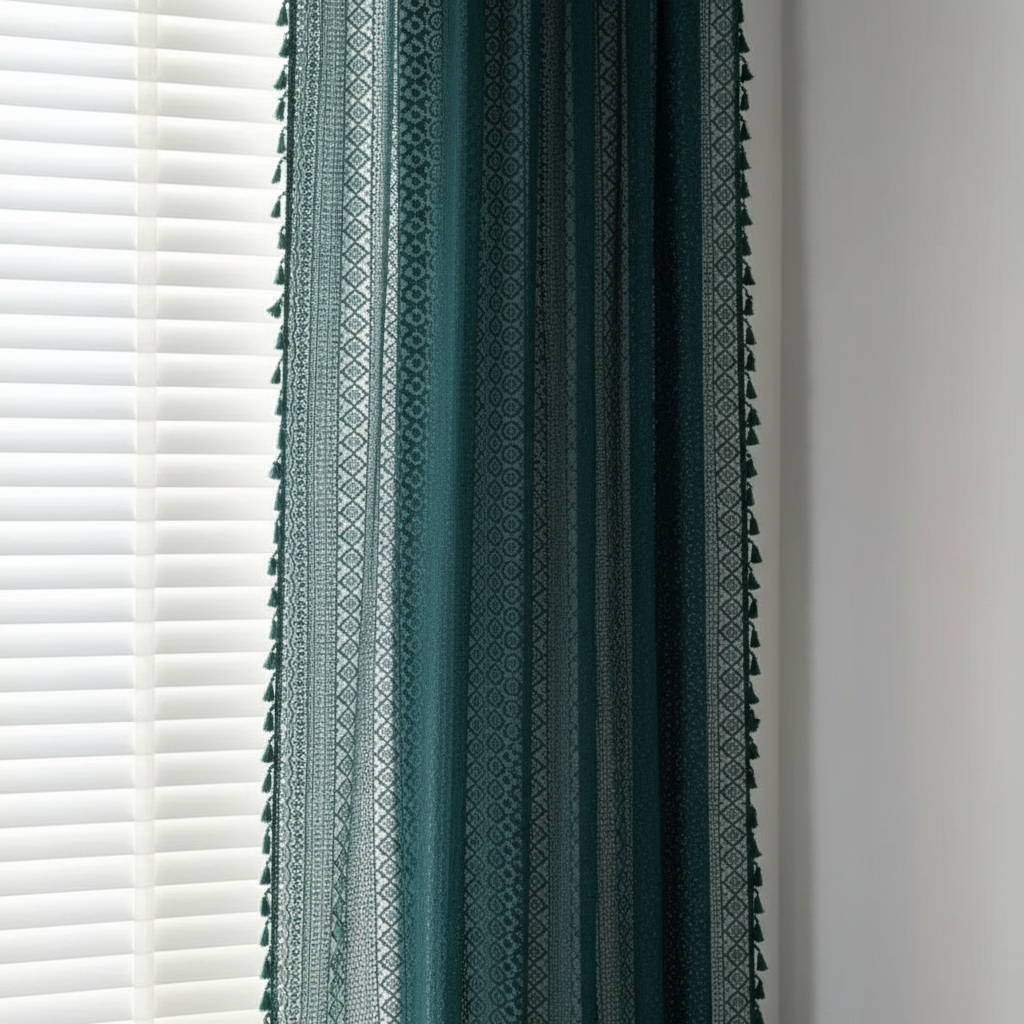Lumine semi-sheer floral crochet-lace curtain panel in green with tassels, hung at a window