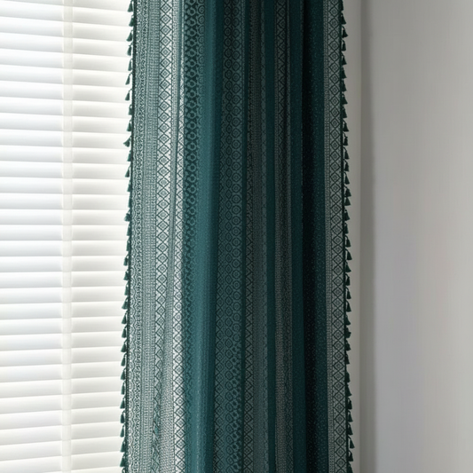 Lumine semi-sheer floral crochet-lace curtain panel in green with tassels, hung at a window