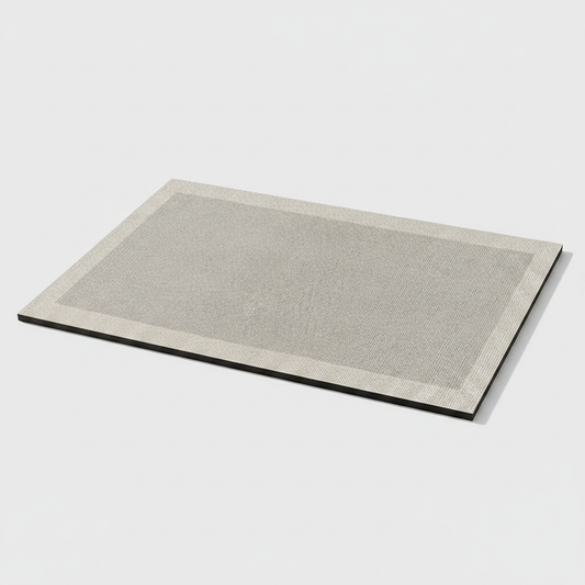 Grey bordered quick-dry absorbent bath mat with non-slip rubber base