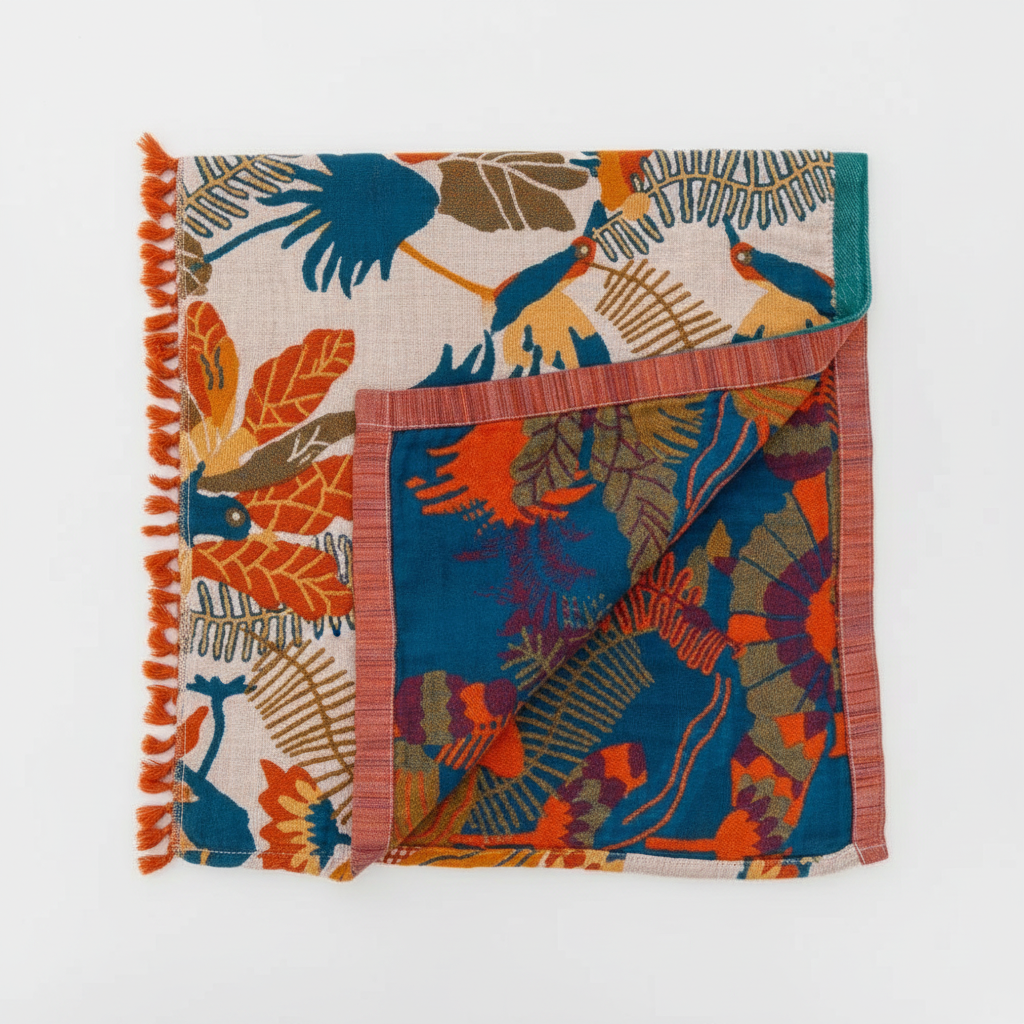 Reversible Cotton Beach Towel | Flower & Bird Print