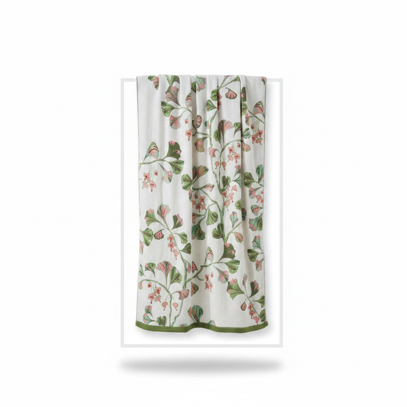 Cotton Gauze Bath Towel | Ginkgo Print - Green & White