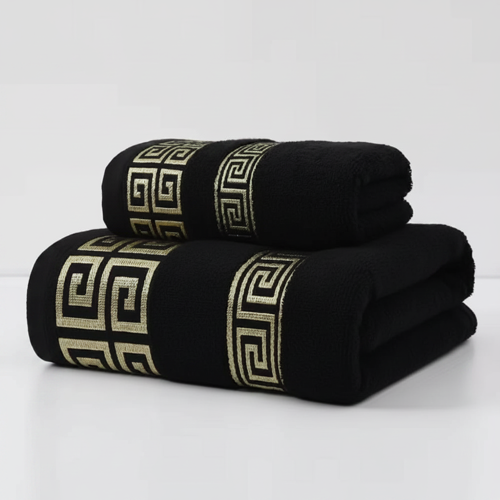 Athena Luxe towel set obsidian gold greek key