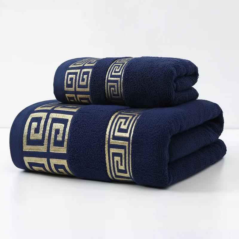 Athena Luxe towel set midnight royal greek key