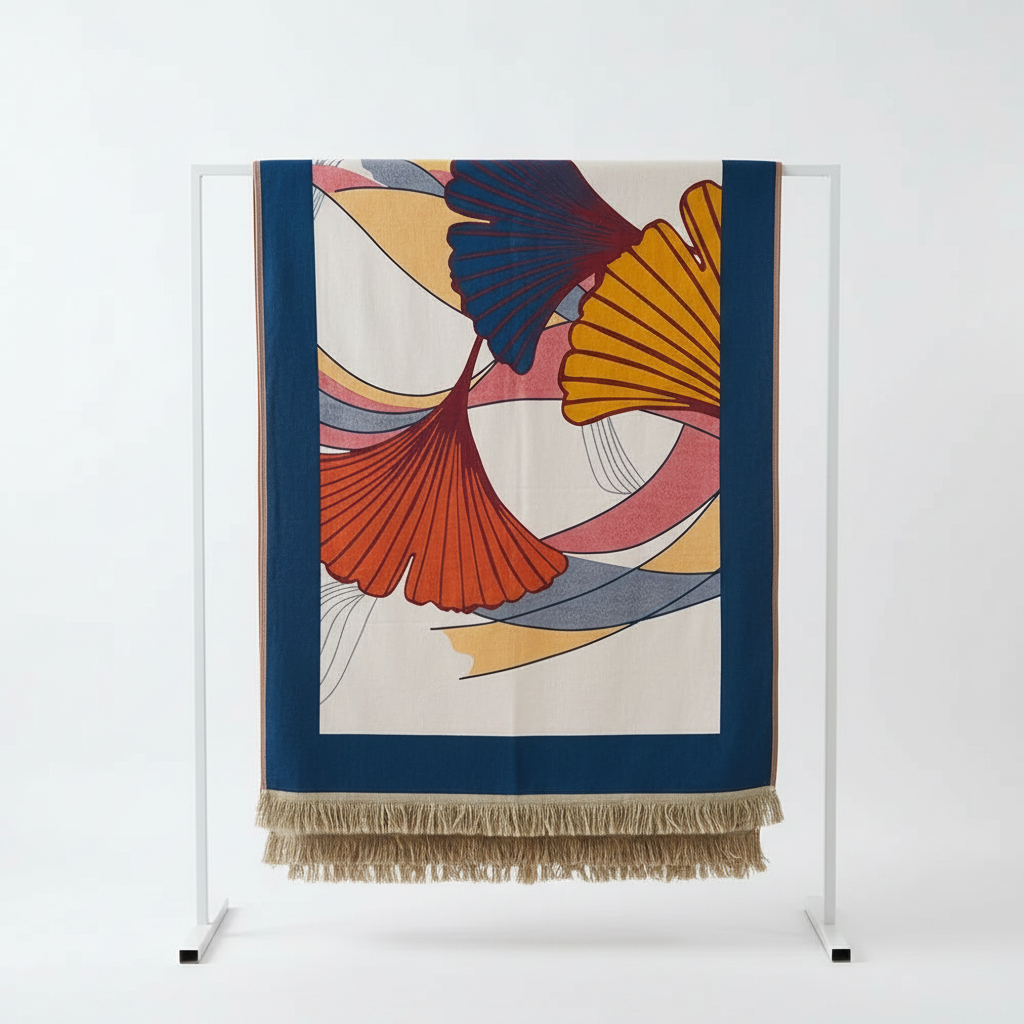 Cotton Gauze Bath Towel | Ginkgo Print, Tassel Edge