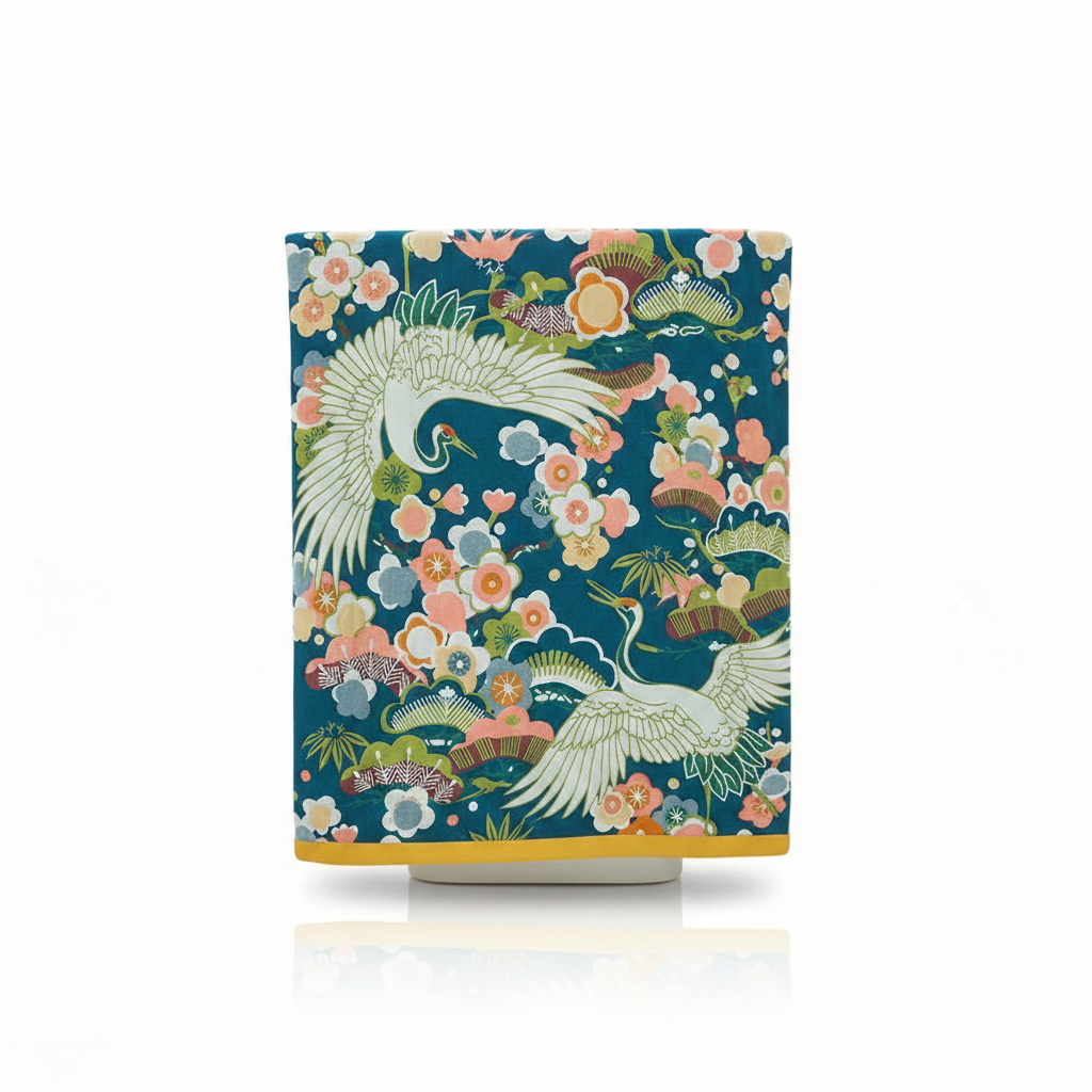 Pure Cotton Bath Towel Crane & Floral - Dark Blue & Green