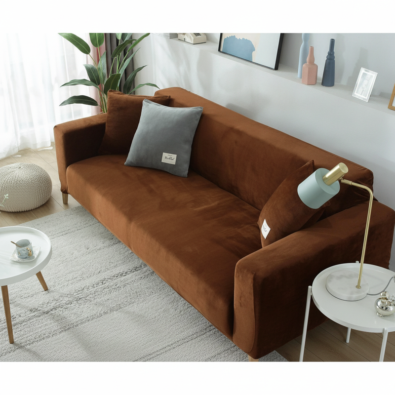 Velvet Brown Couch Cover | Warm Slipcover, Adaptable Fit