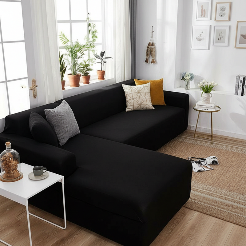 L-Shaped Black Corner Sofa Cover | Adaptable Slipcover, Non-Slip