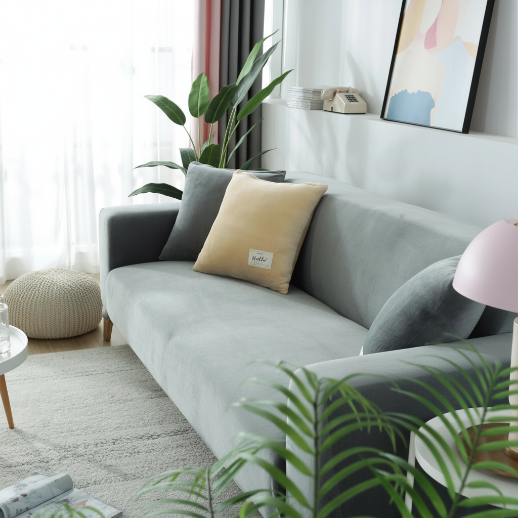 Light grey velvet full stretch sofa slipcover fitted on a 3-seater couch in a bright modern living room