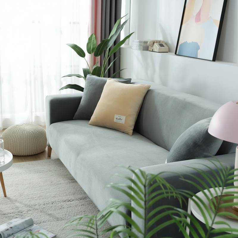 Light grey velvet full stretch sofa slipcover fitted on a 3-seater couch in a bright modern living room