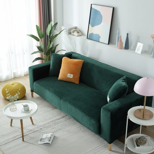Dark green velvet full stretch sofa slipcover fitted on a 3-seater couch in a bright modern living room