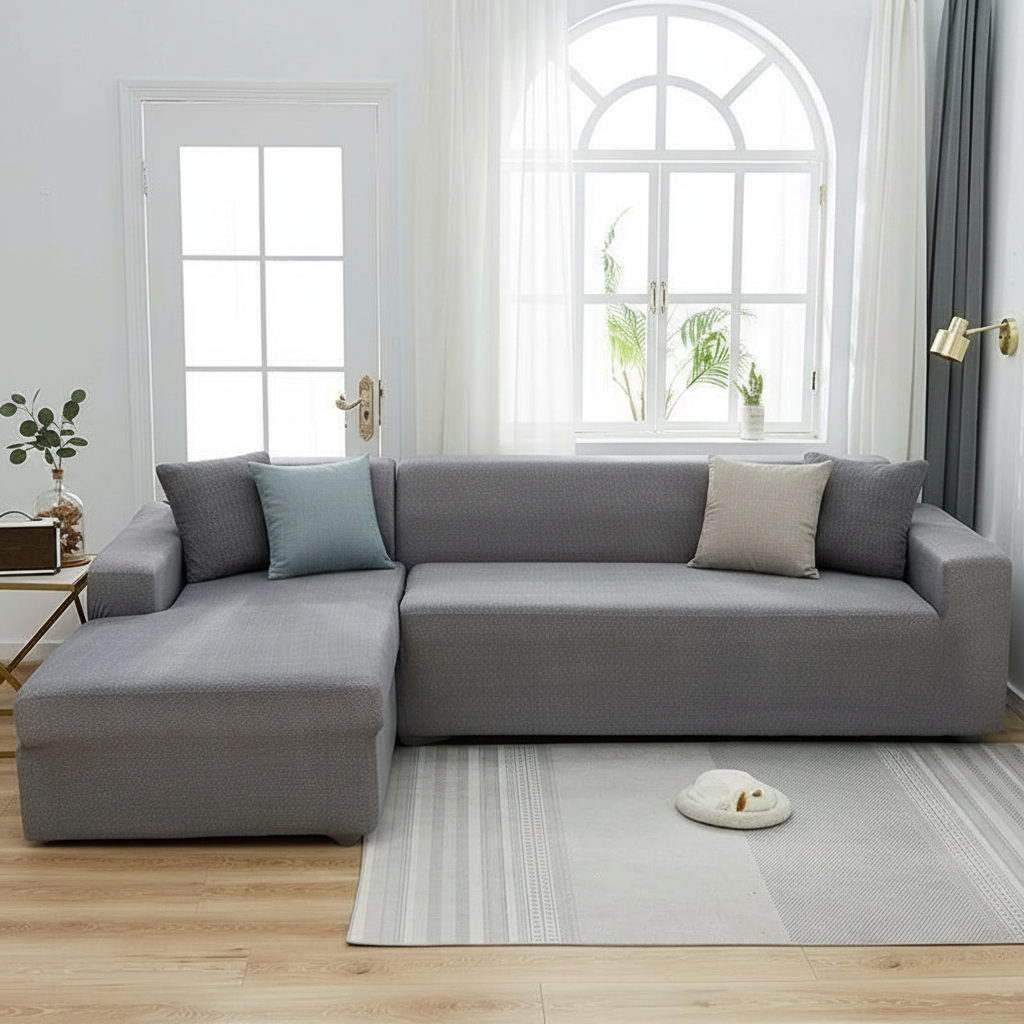 Spotted light grey L-shaped corner sofa stretch slipcover