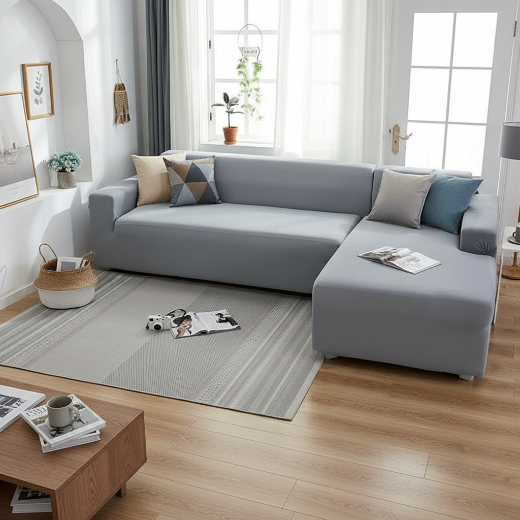Mouse grey L-shaped corner sofa stretch slipcover