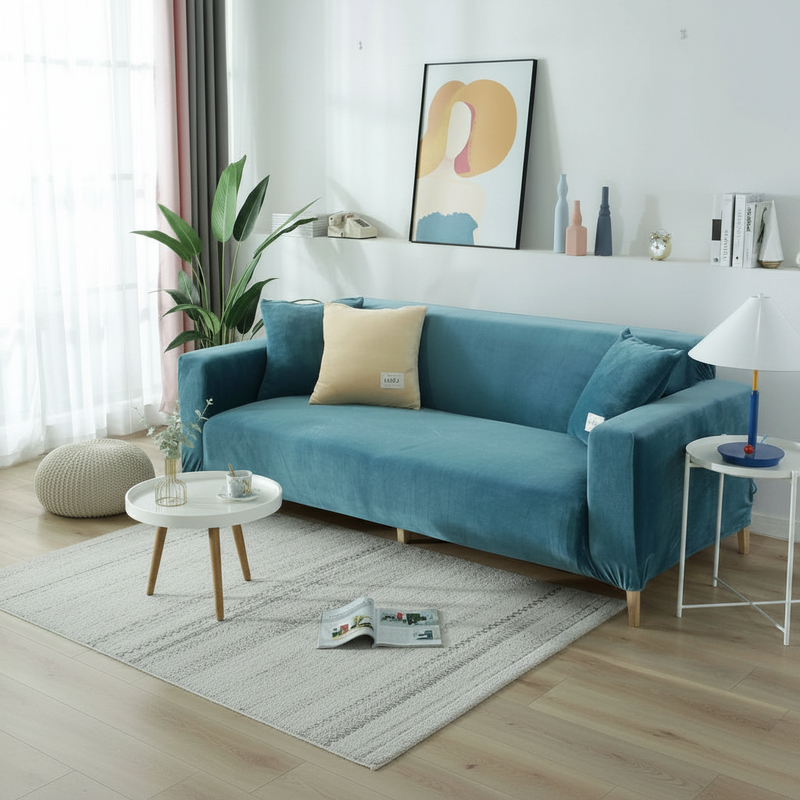 Lake Blue Velvet Couch Cover | Expandable Slipcover, Comfort