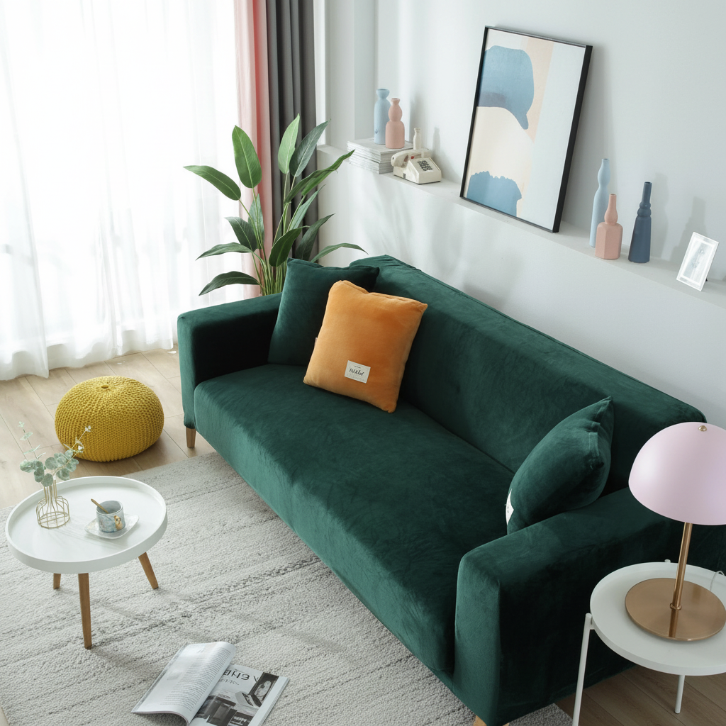 Dark Green velvet stretch sofa slipcover fully fitted in a modern living room