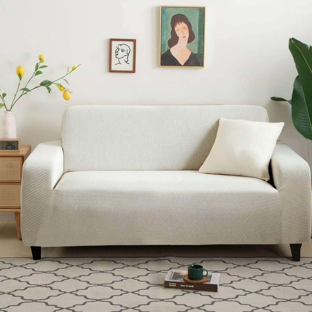 Narrow Jacquard White Couch Cover - full fitted slipcover in living room
