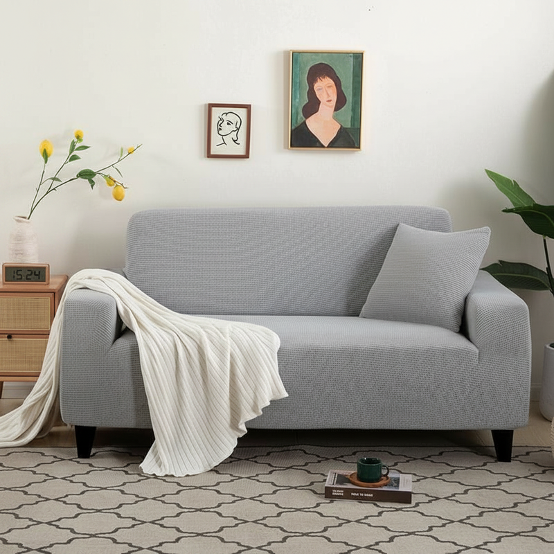 Narrow Jacquard Light Grey Couch Cover | Textured Pattern, Non-Slip