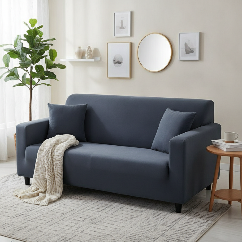 Clay Grey Adaptable Couch Cover - full fitted slipcover in living room