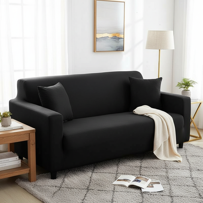 Black Adaptable Couch Cover - full fitted slipcover in living room