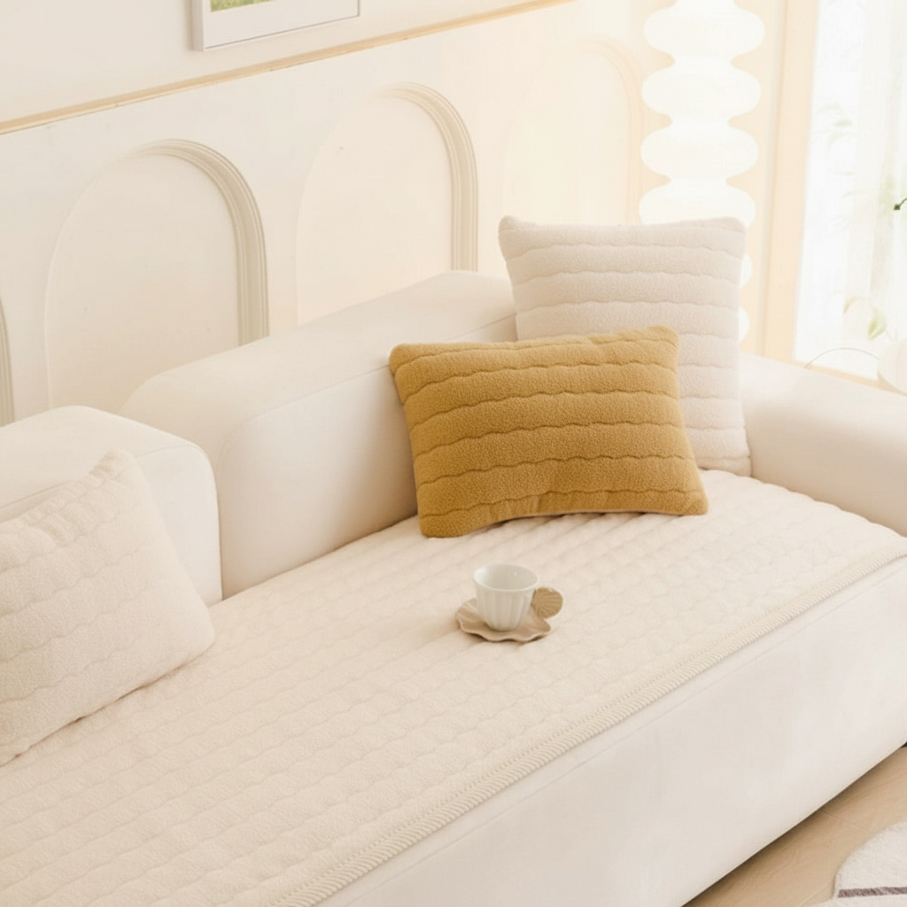 Cream Cloud plush seat protector pad on sofa seat