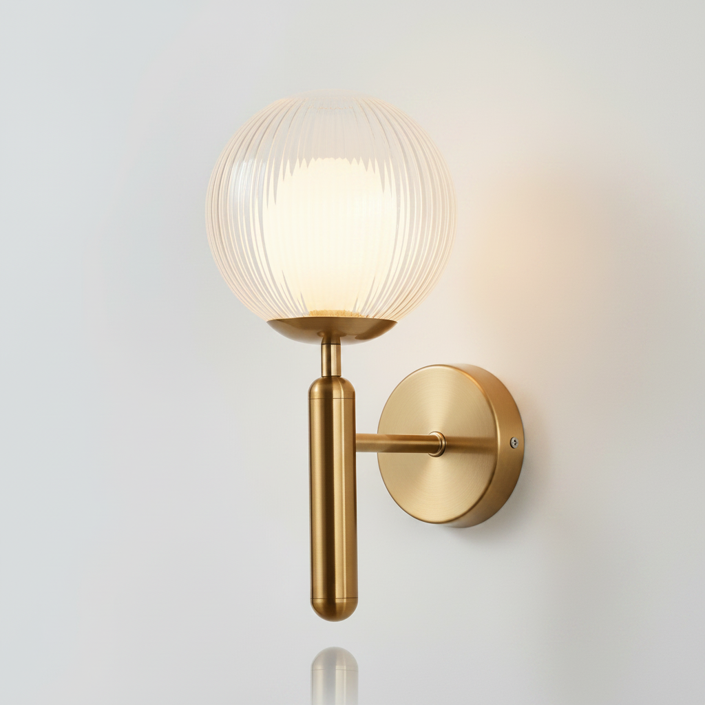 BrassElegance wall sconce - clear stripe glass globe studio packshot