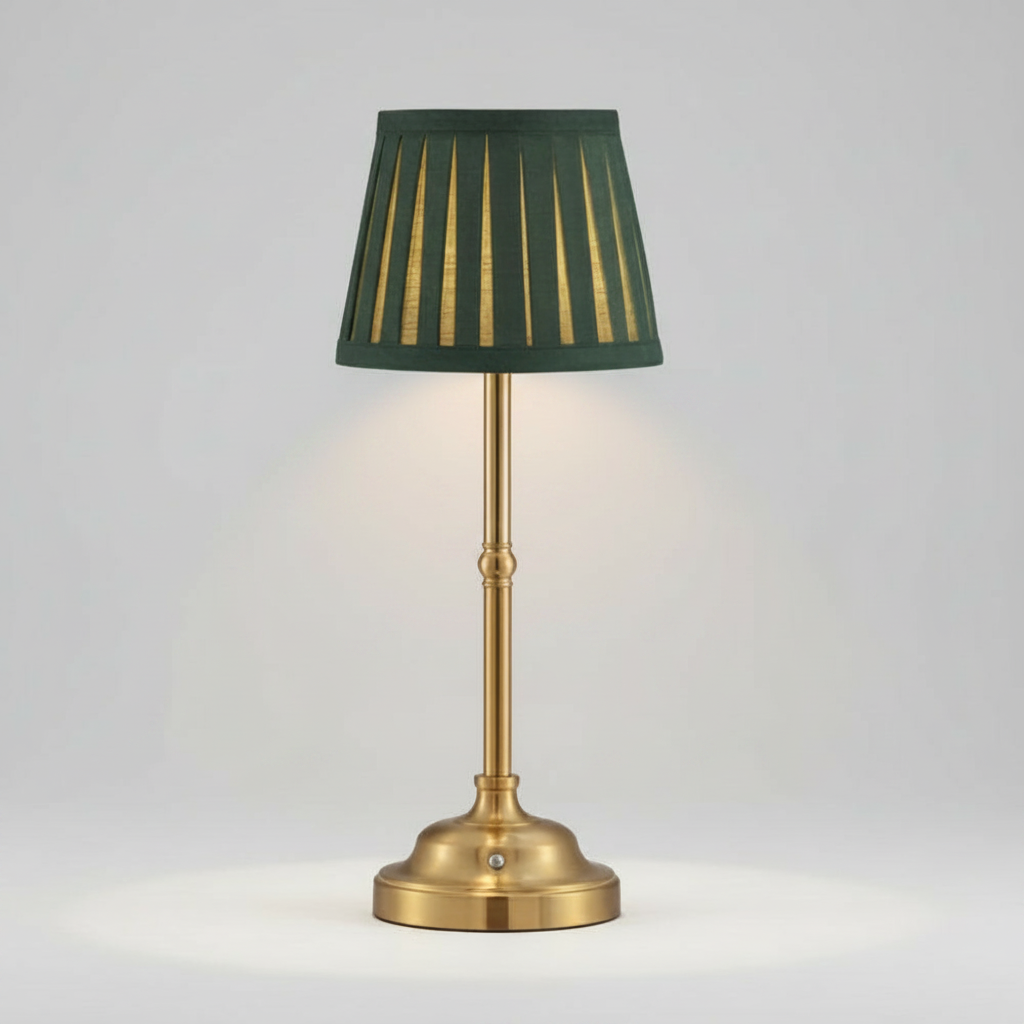 BrassGlow green shade cordless touch lamp studio packshot