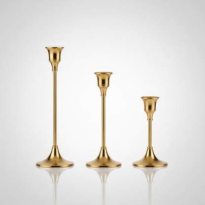 Vintage Gold Taper Candle Holders Set of 3 studio packshot