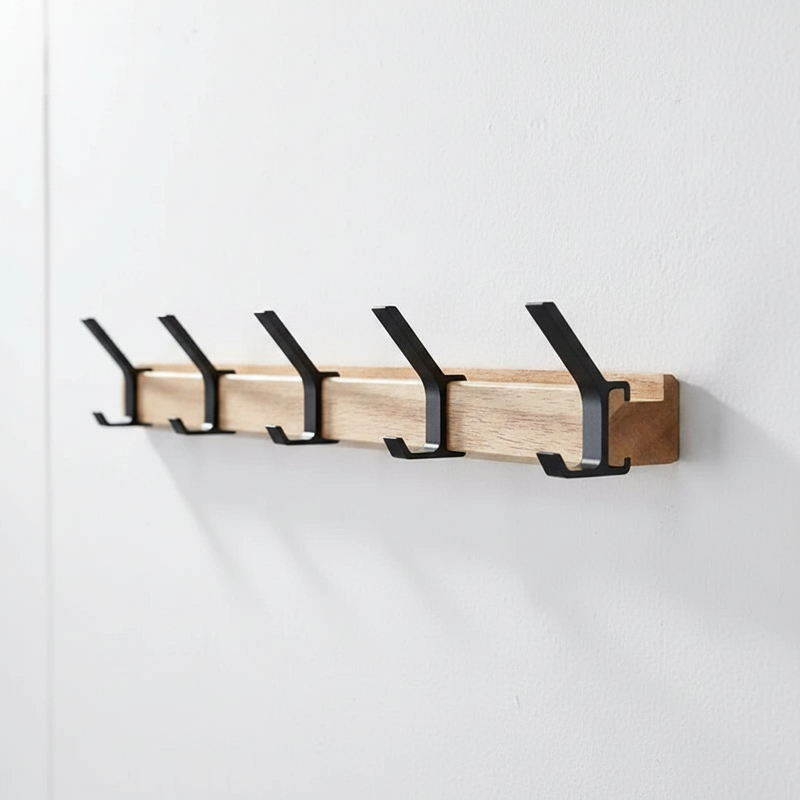 Nordic Wall Coat Rack natural wood with black hooks studio packshot