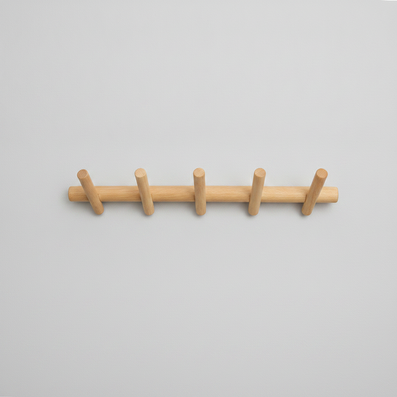 Solid Oak Wall Coat Rack with rounded pegs studio packshot