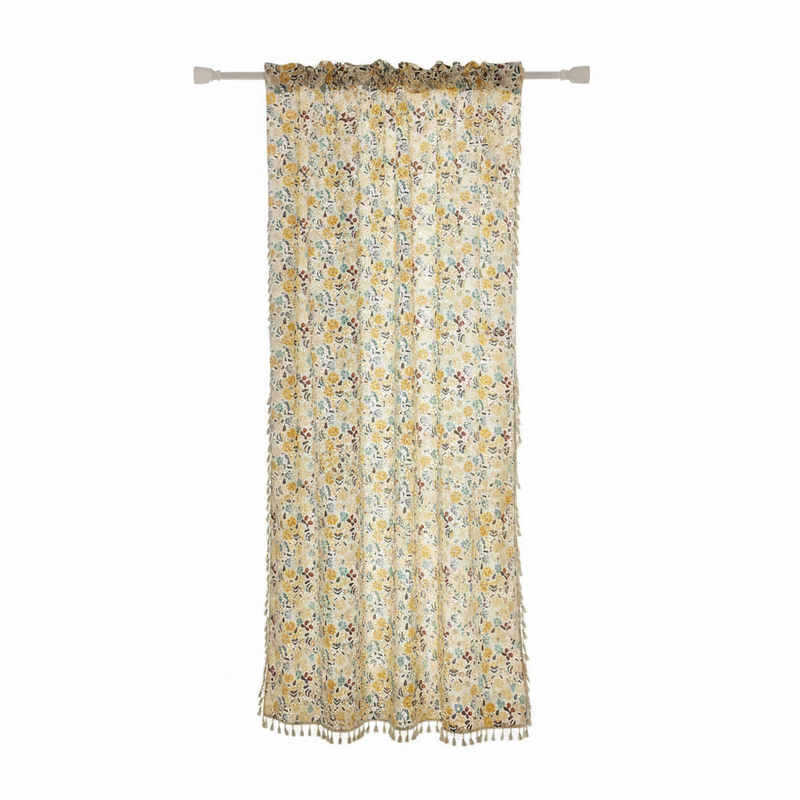 Yellow Flower Tassel Curtain | Cotton-Linen, Semi-Blackout