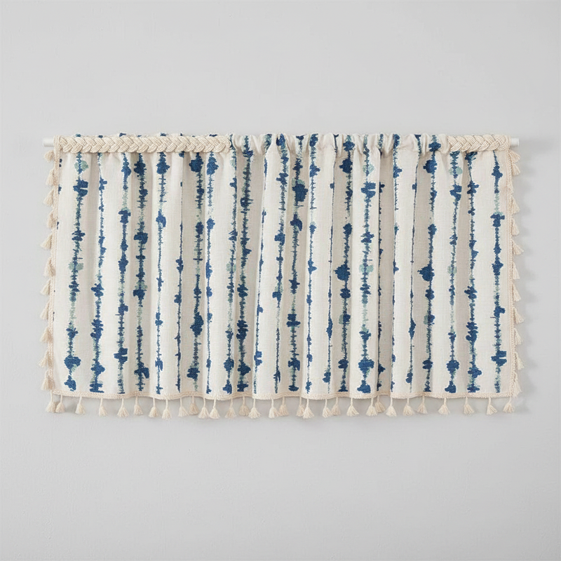 Inkblot Blue Tassel Cabinet Curtain | Coastal Pattern, Rod Pocket