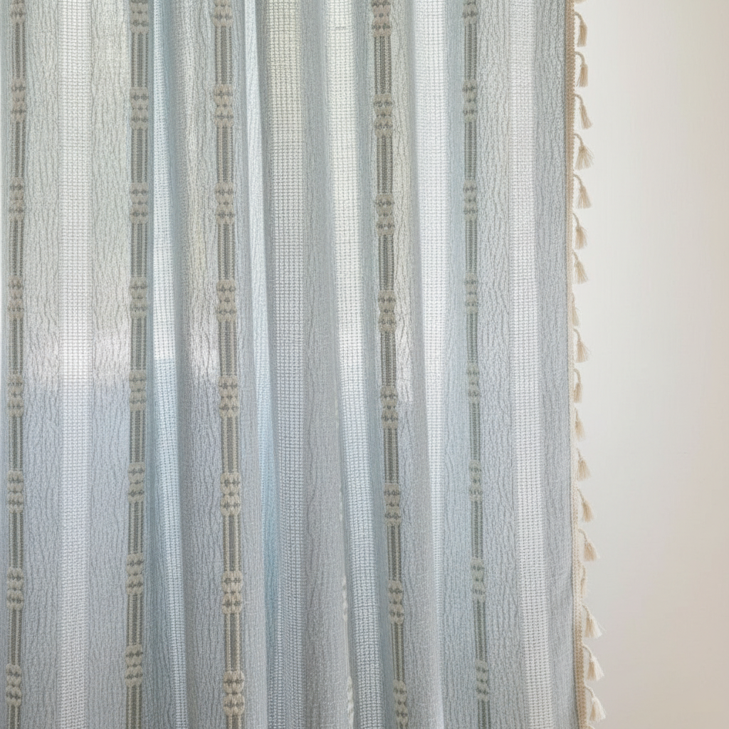Sunlit Stripes Sheer Tassel Curtain - Gray Blue
