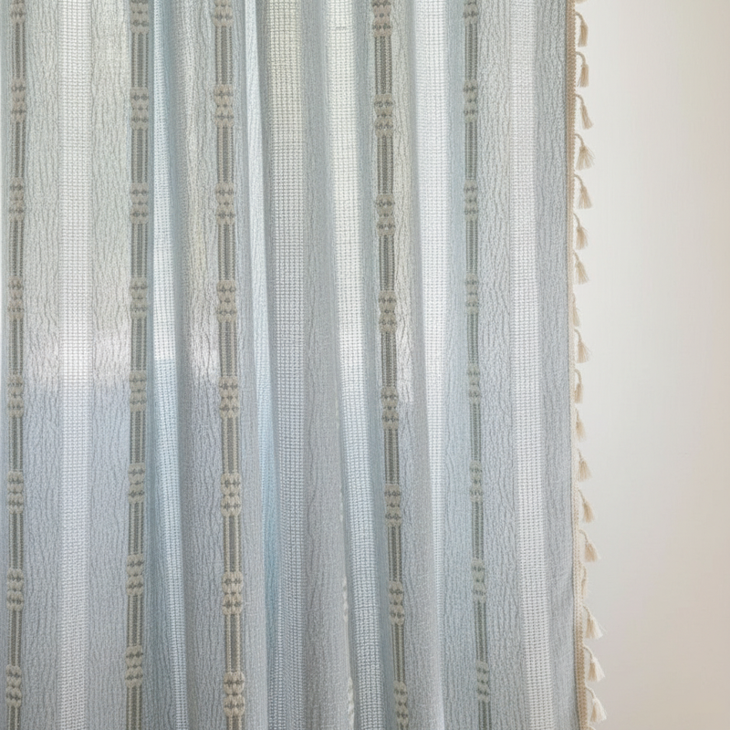 Sunlit Stripes Sheer Tassel Curtain - Gray Blue