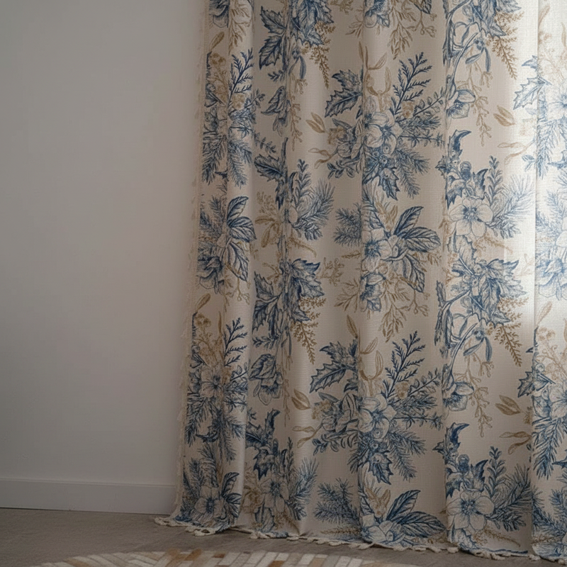 Farmhouse Botanical Blue Floral Curtain | Cotton-Linen, Semi-Blackout