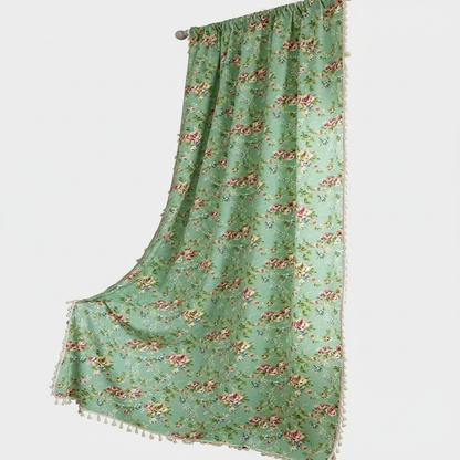 Pastoral Green Rose Tassel curtain panel hung